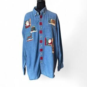 Luna Pier vintage denim button down holiday appliqué shirt 2XL